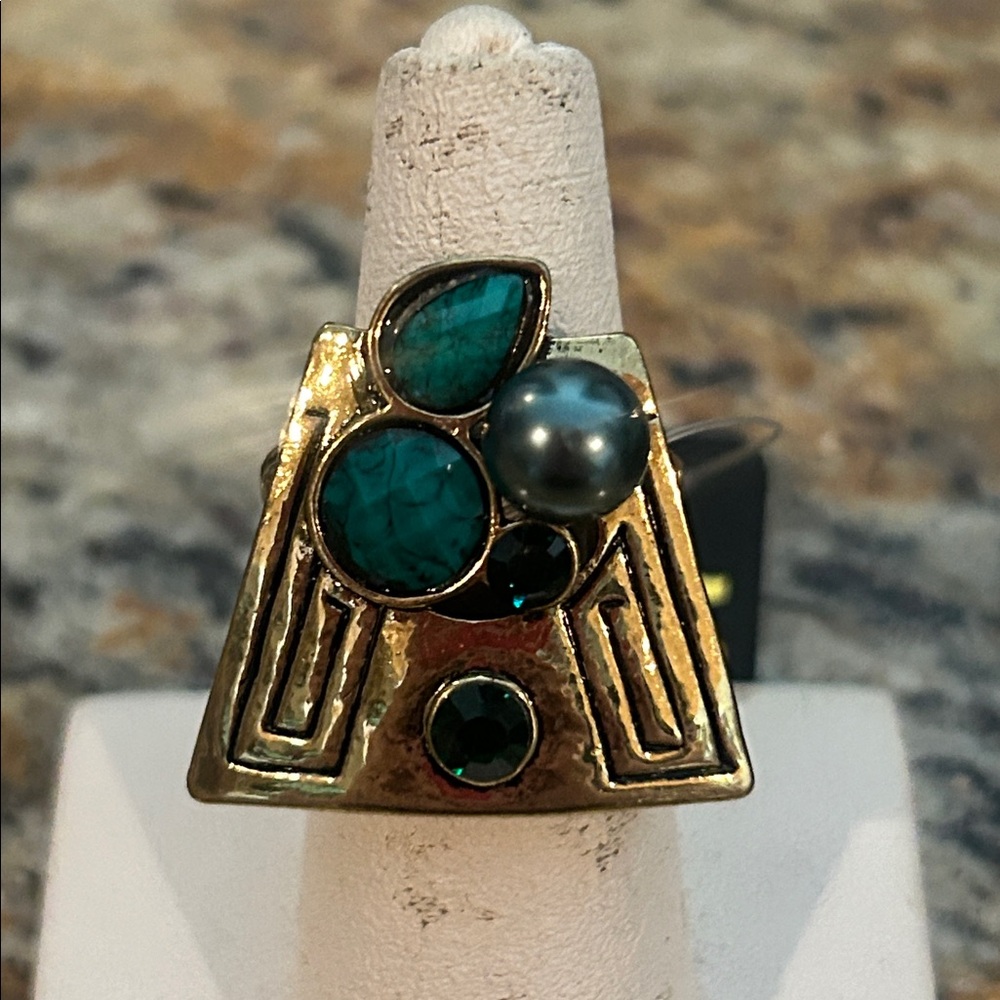 Gold Geometric Ring with Green/Blue Gemstones